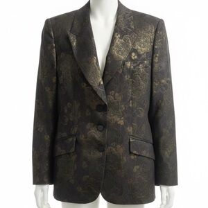 Vintage Rena Lange Cotton Blend Black & Bronze Floral Jacquard Blazer - Size 18